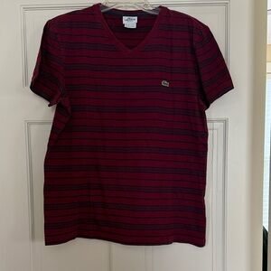 Lacoste Men's Burgundy and Navy Striped V-Neck Tee